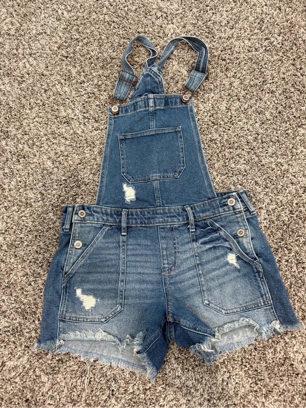 Hollister Distressed Denim Short Overalls - Blue Wash
